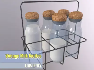 Vintage Dairy Delights Milk Bottles in a Metal Basket Low-poly 3D model