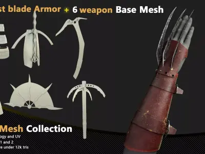 10 Wrist blade Armor and  6 weapon Base Mesh - VOL 07 Low-poly 3D model