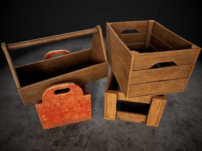 Old wooden crates pack Low-poly 3D model