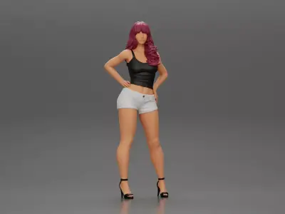 Asian girl posing in shorts next to a car 3D print model