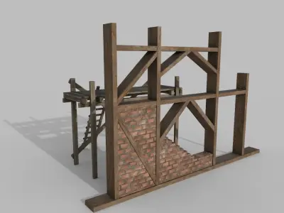Construction wall and wooden scaffolding Low-poly 3D model