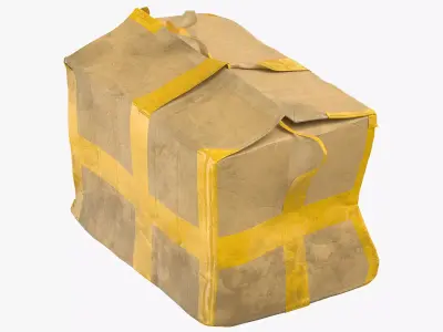 Old Damaged Dirty Cardboard Box Yellow Tape 3D model