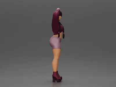 Woman in outfit striking a playful pose with braids and heels 3D print model
