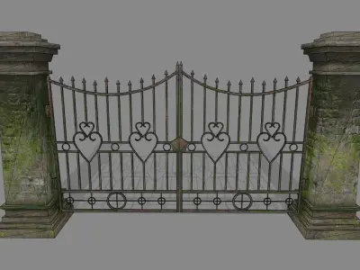 wall set 6 stone with iron railings Low-poly 3D model