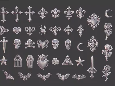 set of 40 Gothic 3D Elements for Jewelry Game Design  3D print model
