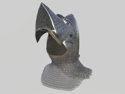Medieval Bascinet02 with chainmail Low-poly 3D model