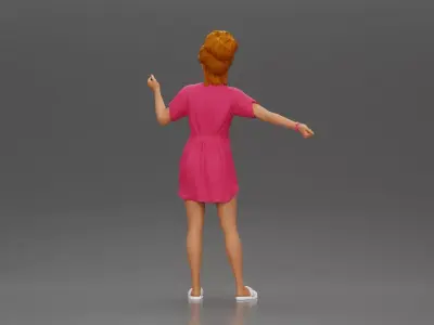 Woman in pink dress dancing joyfully with raised arms sideways 3D print model