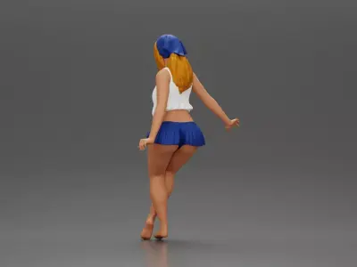 Stylish woman sitting casually in a white top and blue skirt 3D print model