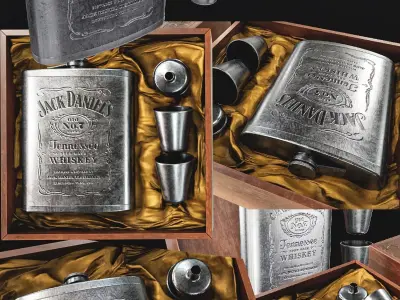 Steel Alcohol Bottle And Box Low-poly 3D model