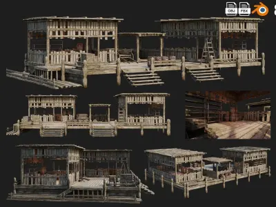 4 Old WoodenStorage Buildings Pack 4K Texture GameReady 81 to 84 Low-poly 3D model