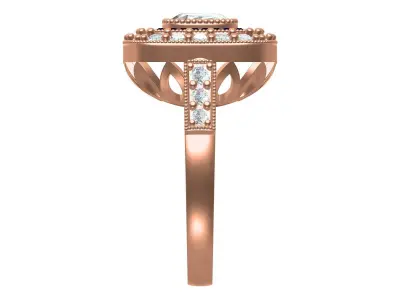 Cushion Shape Baguette Halo Vintage Engagement Ring 3D print model