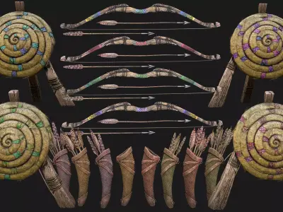 Archer Set Bow Quiver Straw Target Arrows Medieval Weapons Low-poly 3D model