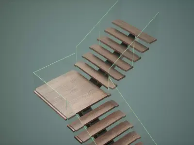 Stair Low Poly Game Ready wooden staircase with glass railing Low-poly 3D model