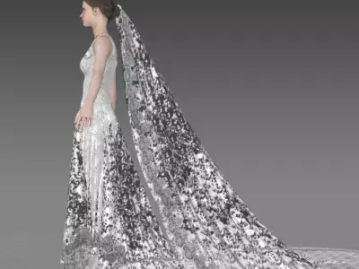 wedding dress long veil bordered with lace Low-poly 3D model