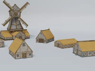 Medieval Stylized Village Pack  Windmill  Houses Low-poly 3D model