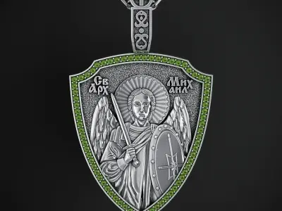PENDANT IN THE FORM OF A SHIELD WITH ARCHANGEL MICHAEL 3D print model