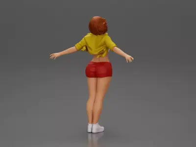 Auburn haired woman twirls with arms outstretched embracing 3D print model
