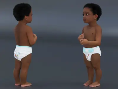 Toddler Black Boy Light Skin in Diaper Standing 3D model