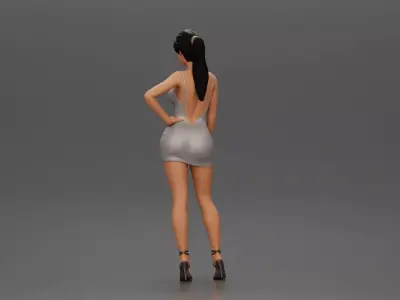 Woman in silver mini dress posing with hand on hip 3D print model