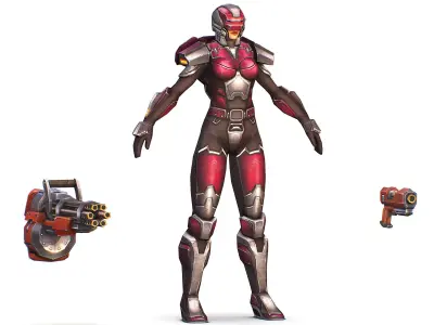Cyborg Woman Machine Gun with Rifle and Pistol Low-poly 3D model