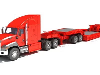 Semi Truck with Lowboy Trailer 3D model 7