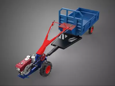 DIESEL HAND WALKING WALK BEHIND TRACTOR TRAILER CART CARGO WAGON 3D model