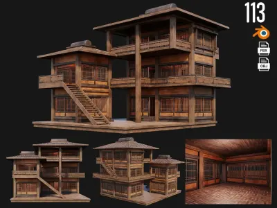 4 Old Japanese  Building Pack 4K Textures GameReady 113 to 116 Low-poly 3D model