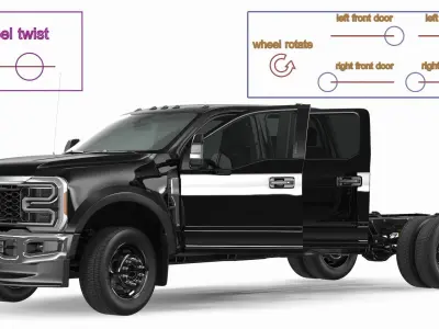 Four Doors Black Chassis Cab Rigged for Maya 3D model