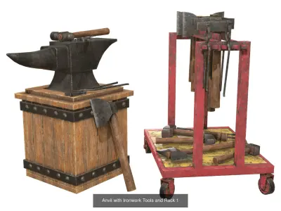 Anvil with Ironwork Tools and Rack Set 1 3D Model Pack