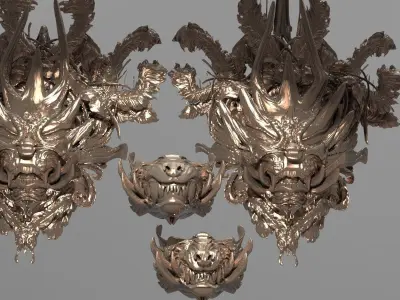  Dragon Asian Shield Design 2 versions with 2 Samurai masks 3D model