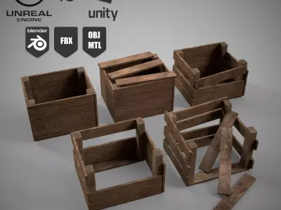 A set of wooden boxes of different condition  Low-poly 3D model