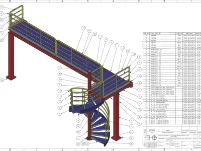 Structural railings platform with spiral stairs 3D model