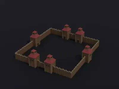Lowpoly Cartoon wooden fortification Polygonal Style Free 3D model