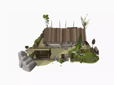 Medieval Peasants Home Scene with Interior Low Poly Low-poly 3D model