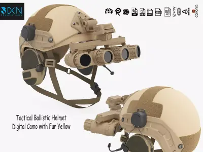 Tactical Ballistic Helmet Digital Camo with Fur Yellow 3D model