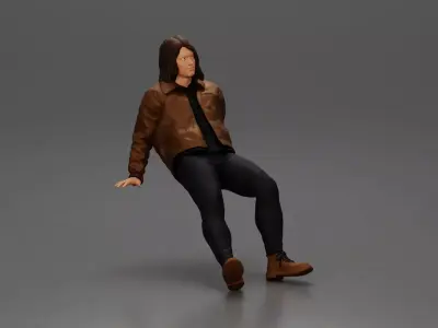 Man with long hair wearing jacket sitting with relaxed posture 3D print model