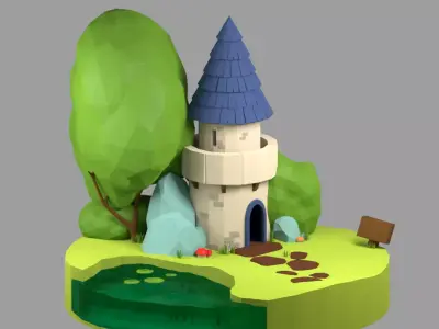 Low poly tower castle on island Free 3D model