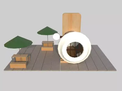 Coffee Stall with Seating Area and Umbrellas Low-poly 3D model