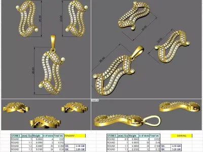 letter s diamond earring pendent set 3D print model