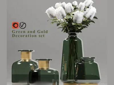 Green and Gold Decorative set with white roses Free 3D model