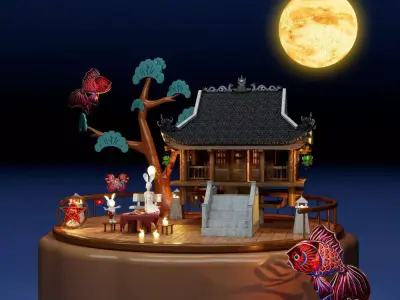 Mid-Autumn chinese house with fish in moonlight 3D model