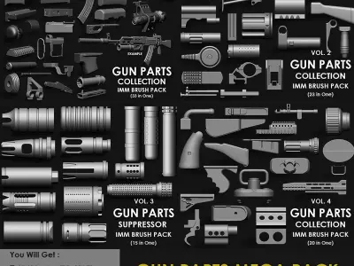 GUN PARTS MEGA PACK 4 IN ONE  91 BRUSHES 3D model