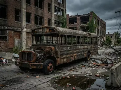 Burned School Bus Post-Apocalyptic Abandoned Vehicle PBR Free low-poly 3D model