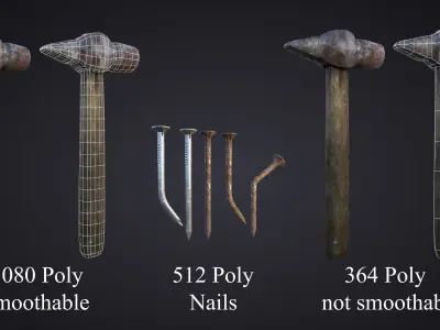 OLD HAMMER WITH NAILS Low-poly 3D model