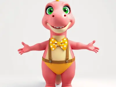 Cute Pink Dinosaur with Bowtie Rigged and Animated Model Low-poly 3D model