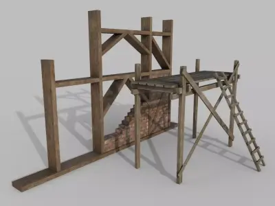 Construction wall and wooden scaffolding Low-poly 3D model