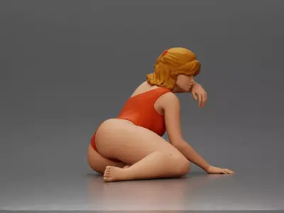 attractive woman in red swimsuit resting calmly on the beach 3D print model