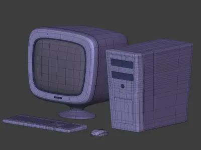 Cartoon Old Computer Desktop - PC Monitor Screen Keyboard Mouse Low-poly 3D model