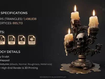 Gothic Skull Candelabra Ornate Baroque Triple Candle Holder 3D model