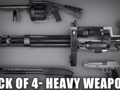 Pack of 4 Heavy Weapons - Rigged Game Ready-with PBR Textures Low-poly 3D model